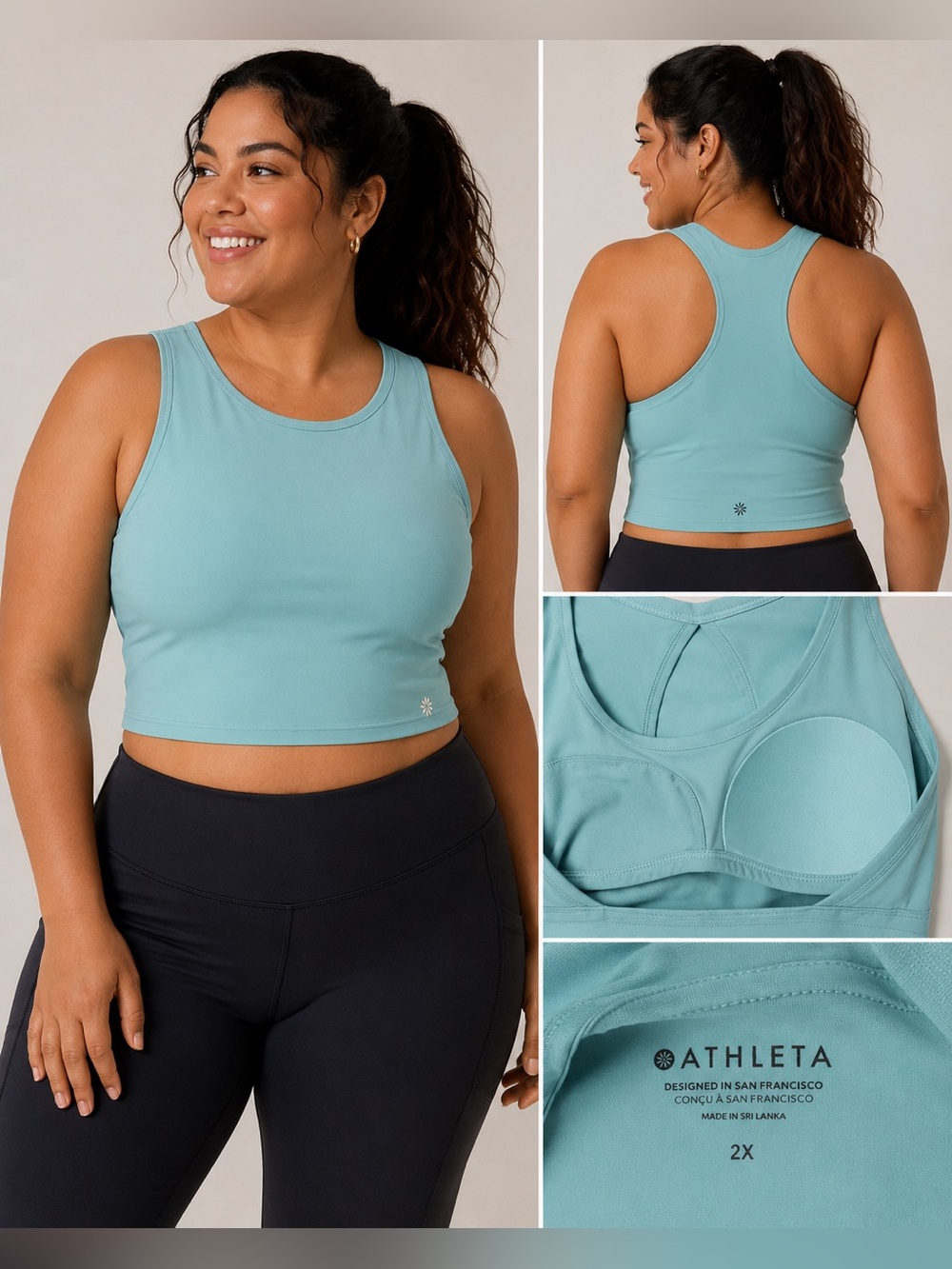 Athleta 2X Aqua Crop Tank Built In Bra Racerback Workout Yoga Top